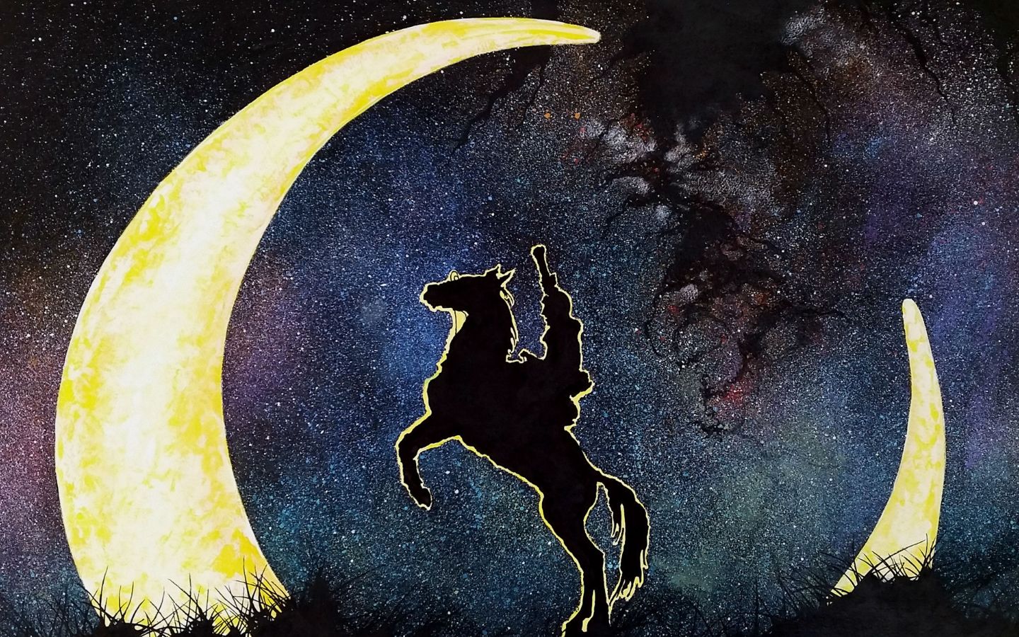 horseman half moon galaxy stars grass