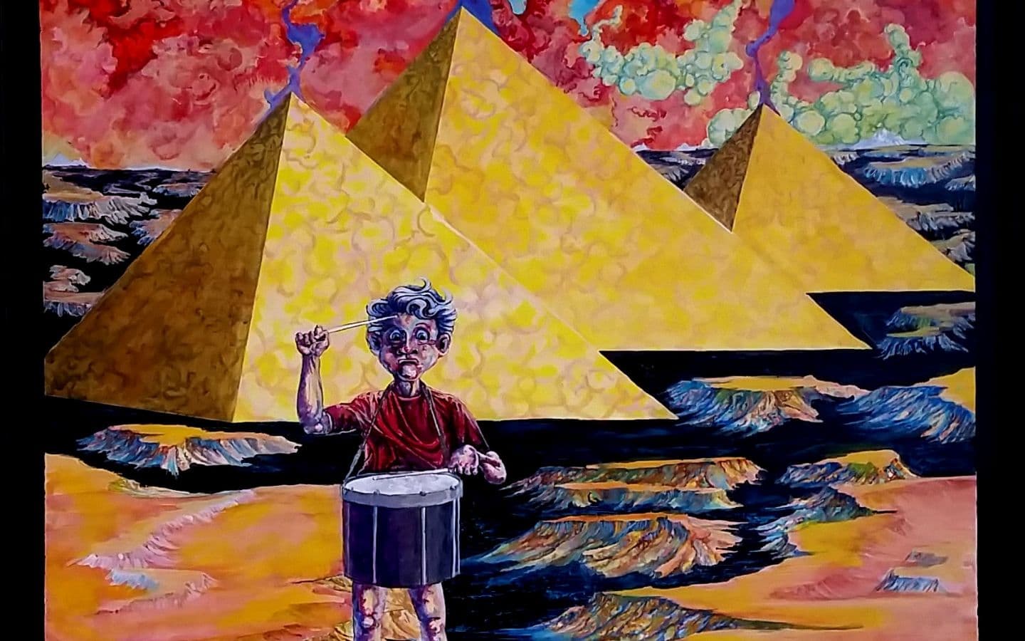 pyramid child drumming red clouds