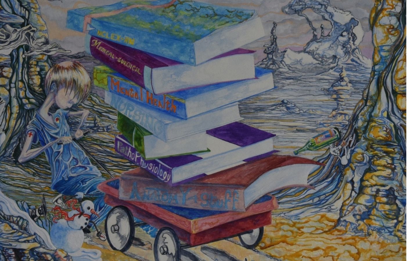 sacrafices pile books wheel cart boy pulling tracks