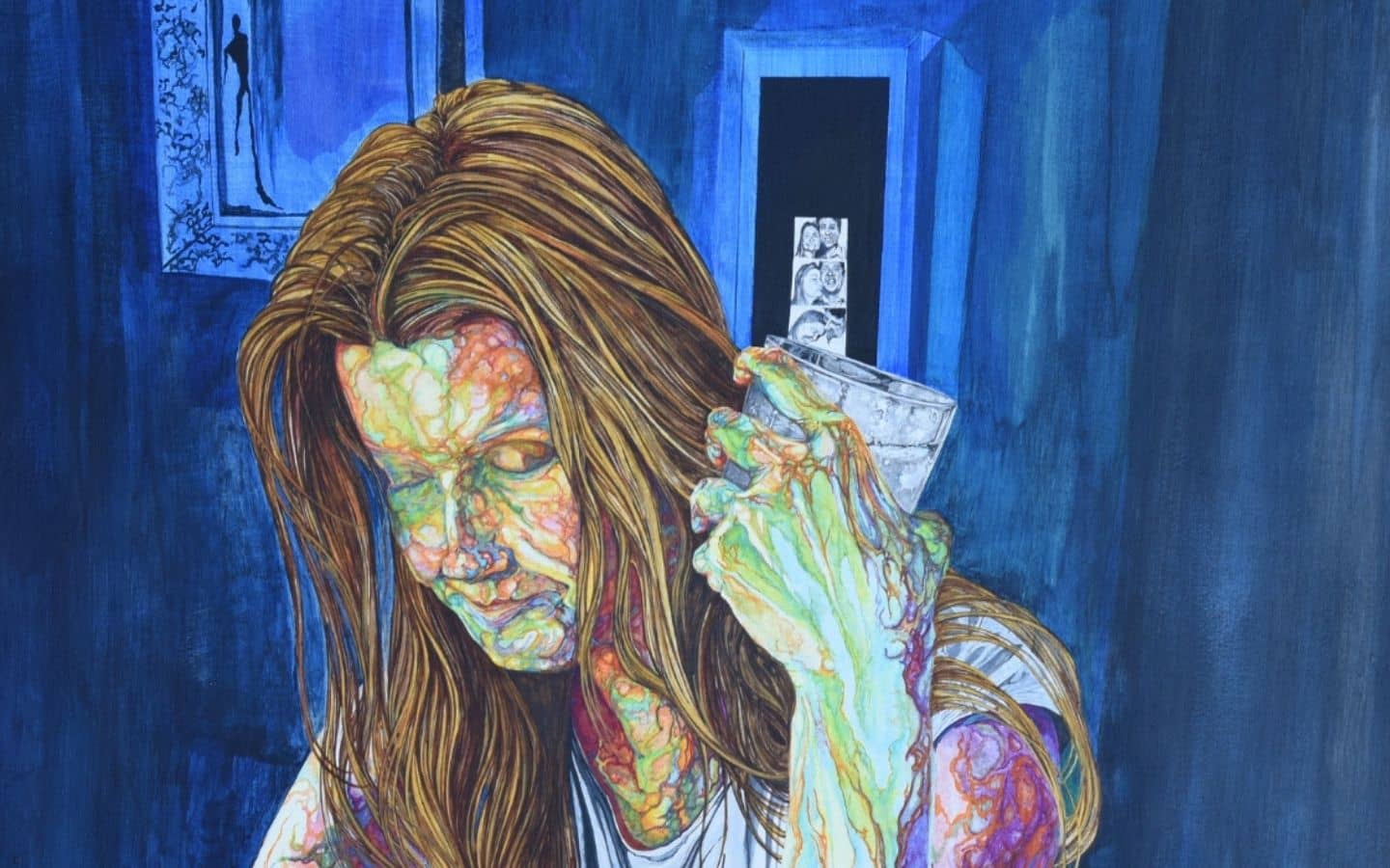 woman drinking sorrow misery blue mirror sad